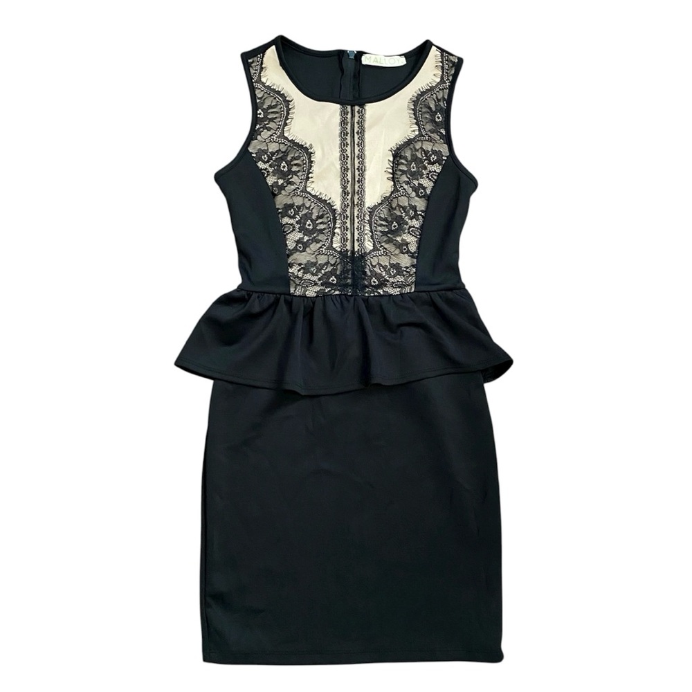 Malloy Lace Front Peplum Dress Women’s Medium Black & Cream